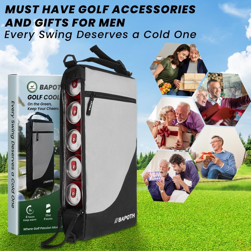 BAPOTH Golf Cooler Bag with 4 Ice Pack for 6 Hours, Large Capacity Golf Bag Cooler Hold 9-Can 12oz, 6-Can 16oz, 2 Bottle 750ml, Detachable Shoulder Strap for GolfCourse & Outdoor Parties