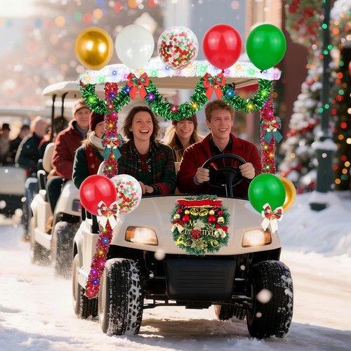 LAIAMER 48Pcs Christmas Golf Cart Decoration Kit, Parade Golf Cart Christmas Decoration Kit - Lights String/Xmas Wreath/Bow/Red Green White Tinsel Garland/Balloons with Glue for Xmas Carts Decor
