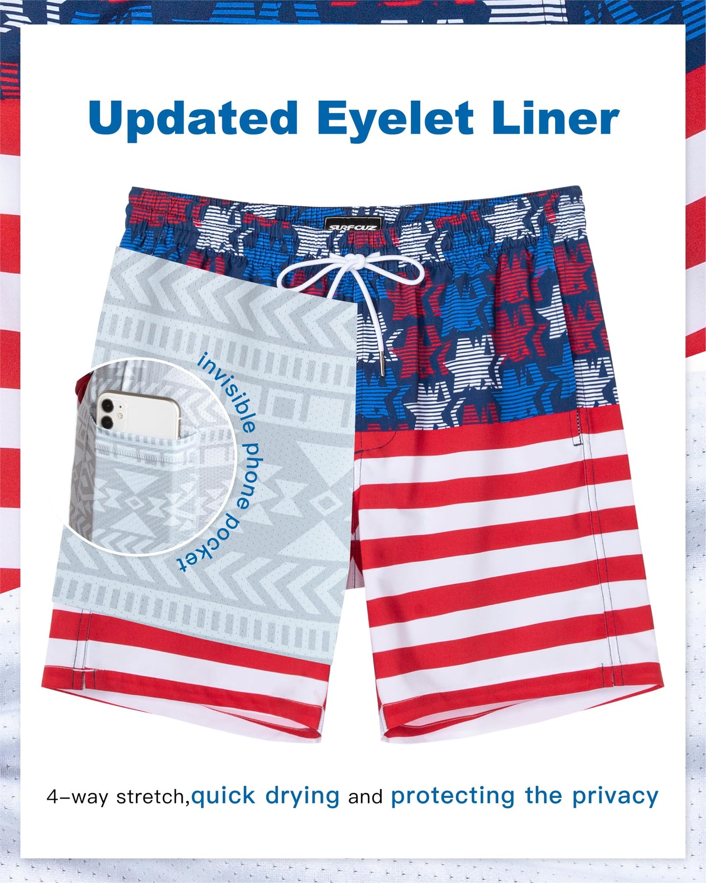 SURF CUZ Mens Swim Trunks with Compression Liner Quick Dry Swim Shorts 7" Swimming Trunks Stretch Bathing Suit 7 Inch,American Flag,L