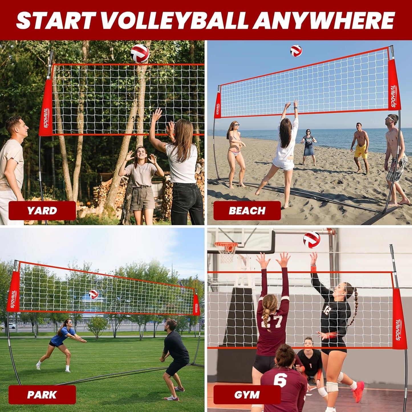 Skiennix Portable Volleyball Net - Adjustable Height Freestanding Set for Indoor/Outdoor Use | 12FT/20FT Size