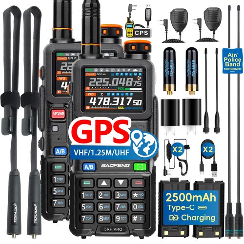 BAOFENG BF-5RH PRO GPS/APRS 10Ｗ Ham Handheld Radio, Multi-Band Long Range Two-Way Radio with 18.89'' Tactical Antenna, Aviation/VHF/UHF/ 1.25m Scanner, NOAA 5RM Walkie Talkies Type-C Charging,2 Pack