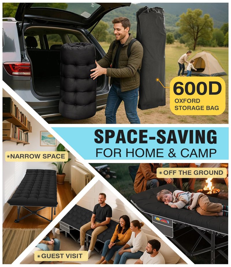 Slendor XXL Camping Cot, Extra Wide Sleeping Cot for Adults, 79" L x 32" W x 19" H Camping Bed with Mattress, Pillow, Carry Bag, Outdoor Bed for Travel, Guest, Gray Cot