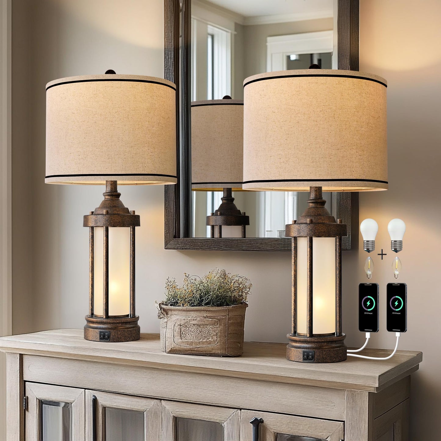 25'' Table Lamps Set of 2 for Living Room Bedroom Farmhouse Metal Lamps with 2 USB Ports, Built-In Frosted Glass Night Light Vintage Industrial Nightstand Bedside Lamp, 4 Bulbs Included, Bronze