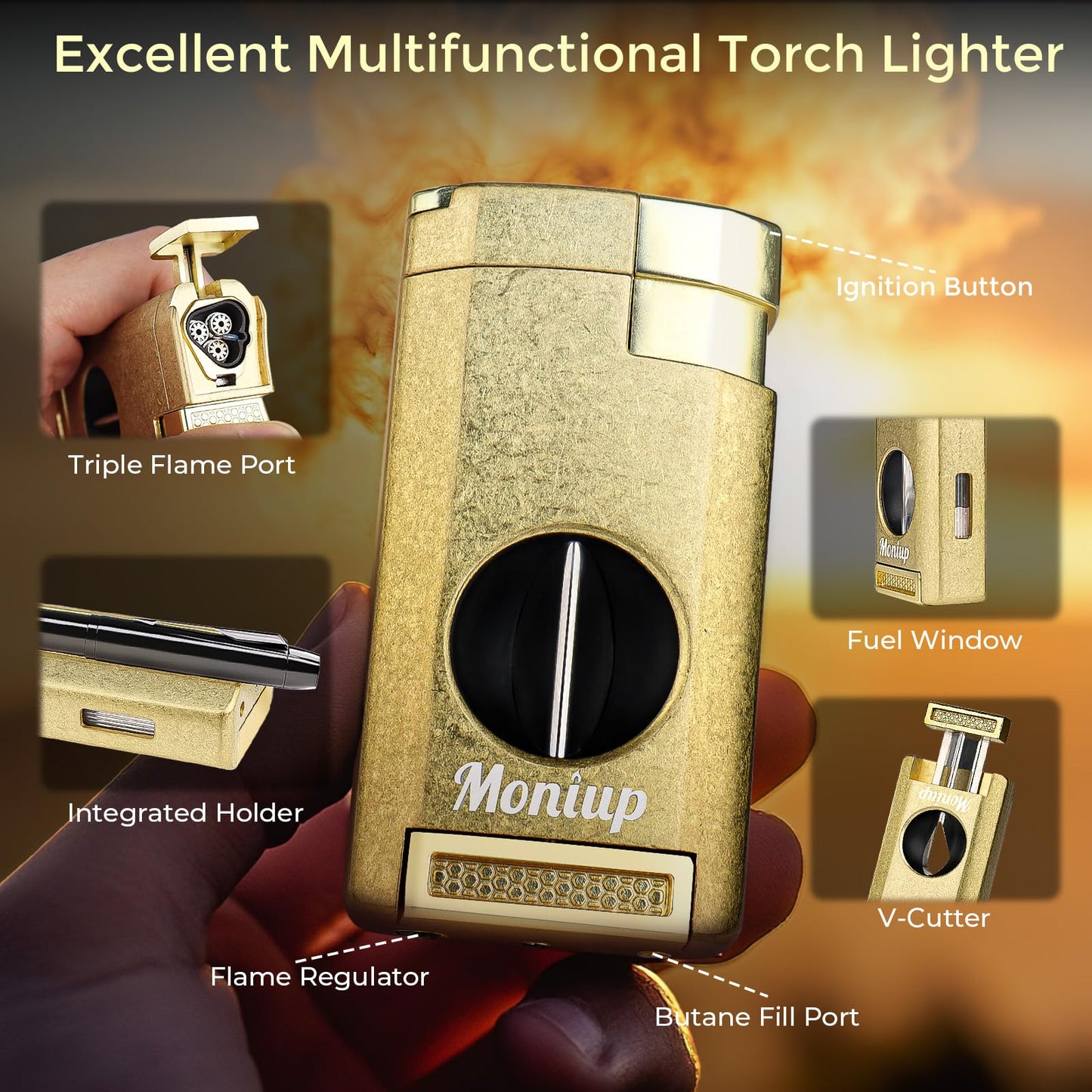 All-in-one Torch Lighter with 3 Jet Flames, Built-in V Cutter, Holder, Draw Enhancer, Multi-Functional Lighter & Accessories Gift Set for Men, Butane Refillable Lighter for Candles, Travel, Outdoors
