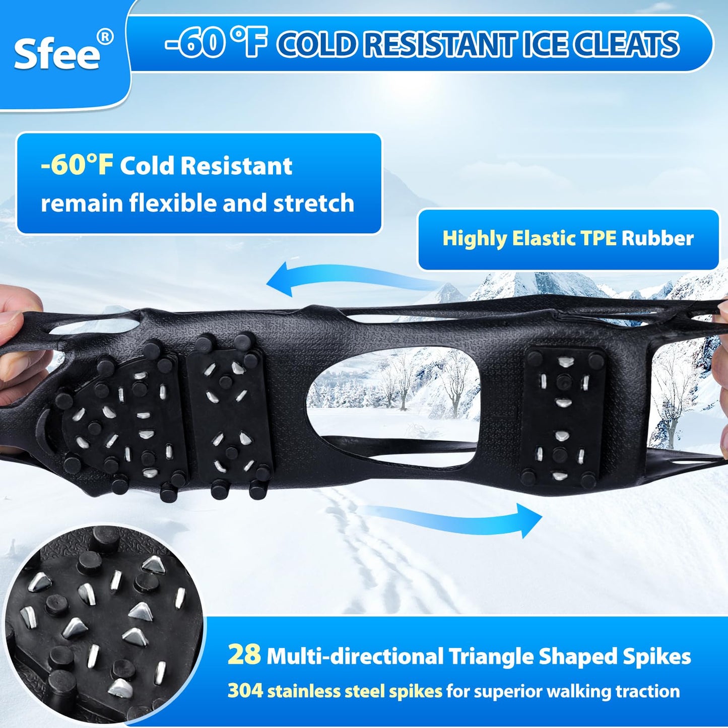Sfee Crampons Ice Cleats for Shoes and Boots, 28 Snow Shoe Spikes Ultra-Grip Ice Cleats for Men & Women Non-Slip Snow Traction Ice Grippers for Shoes and Boots for Walking, Hiking, Climbing & Fishing