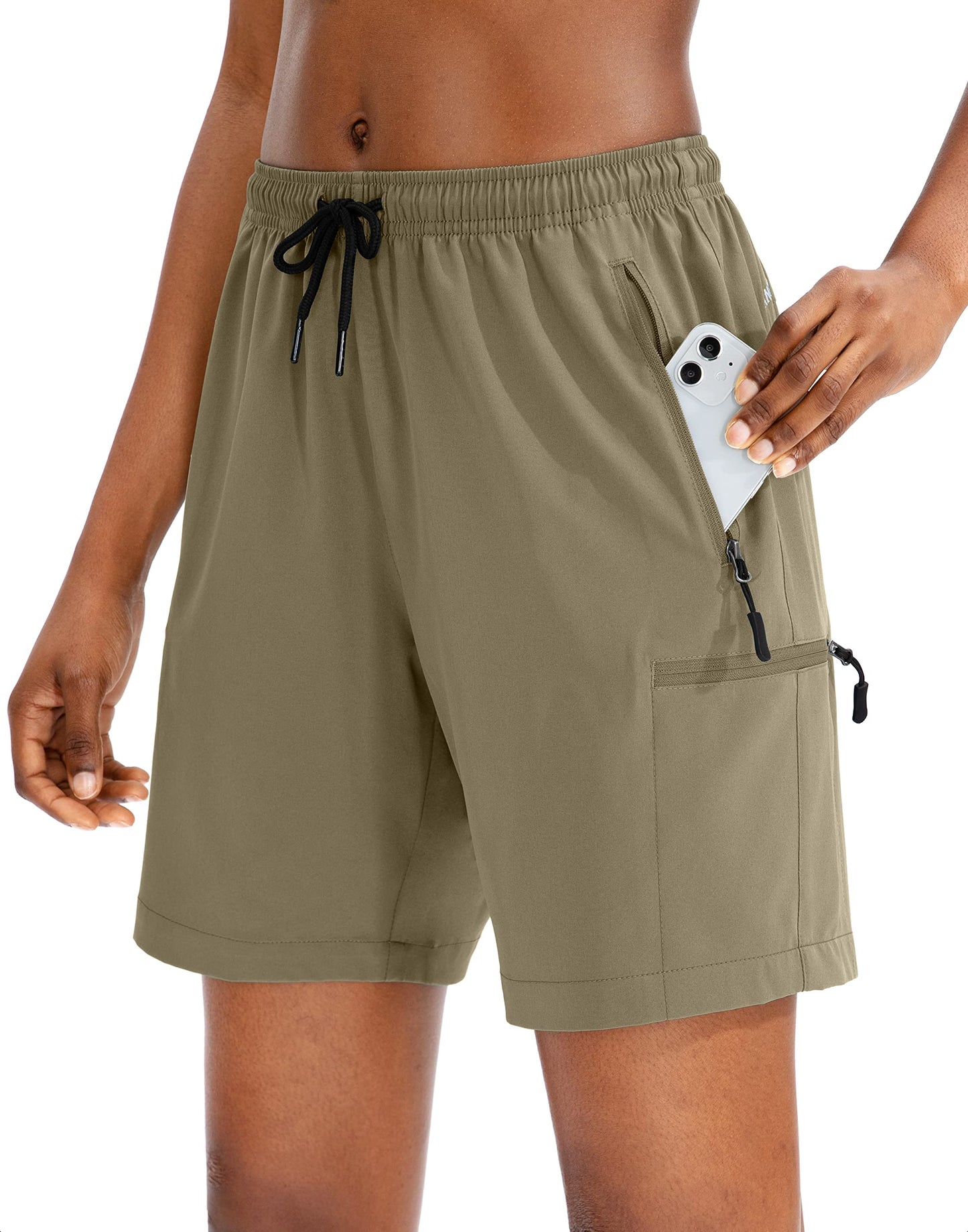 SANTINY Women's 5''/ 7''/9'' Hiking Cargo Shorts Quick Dry Lightweight Summer Shorts for Women Athletic Golf Zipper Pockets(Dusty Khaki_L)