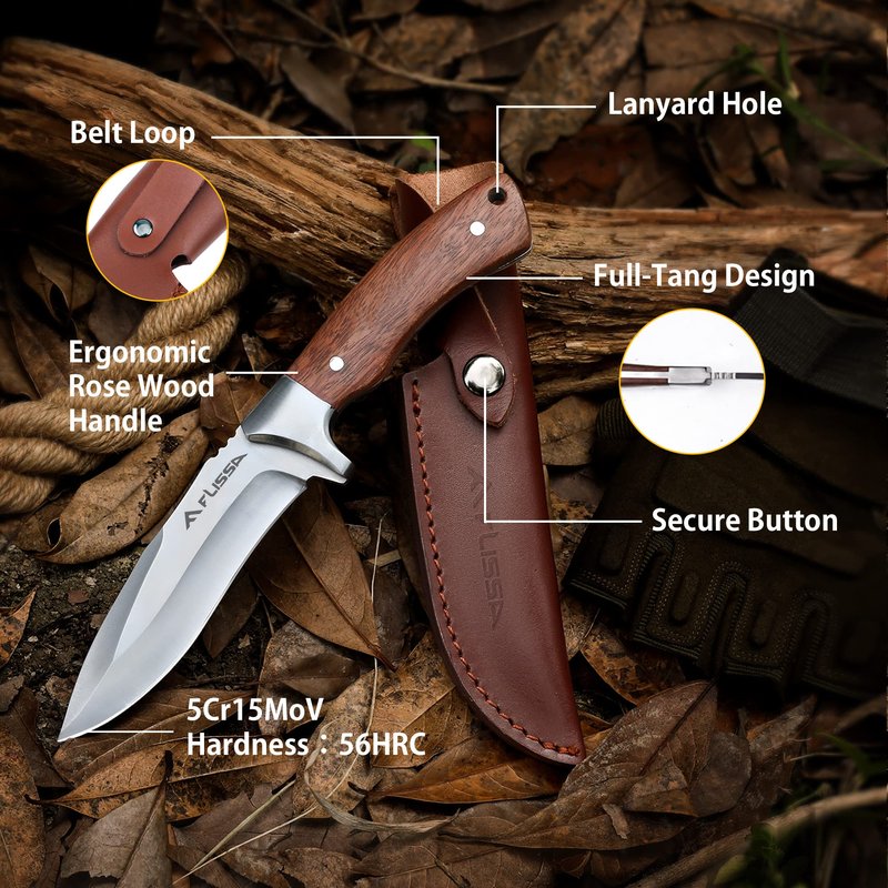 Flissa Fixed Blade Knife with Sheath, 9.8'' Full Tang Hunting Knife with High Carbon Steel Blade, Non-Slip Rose Wooden Handle, Lanyard Hole, Camping Knives for Hiking, Outdoor, Hunting, Survival, Camping