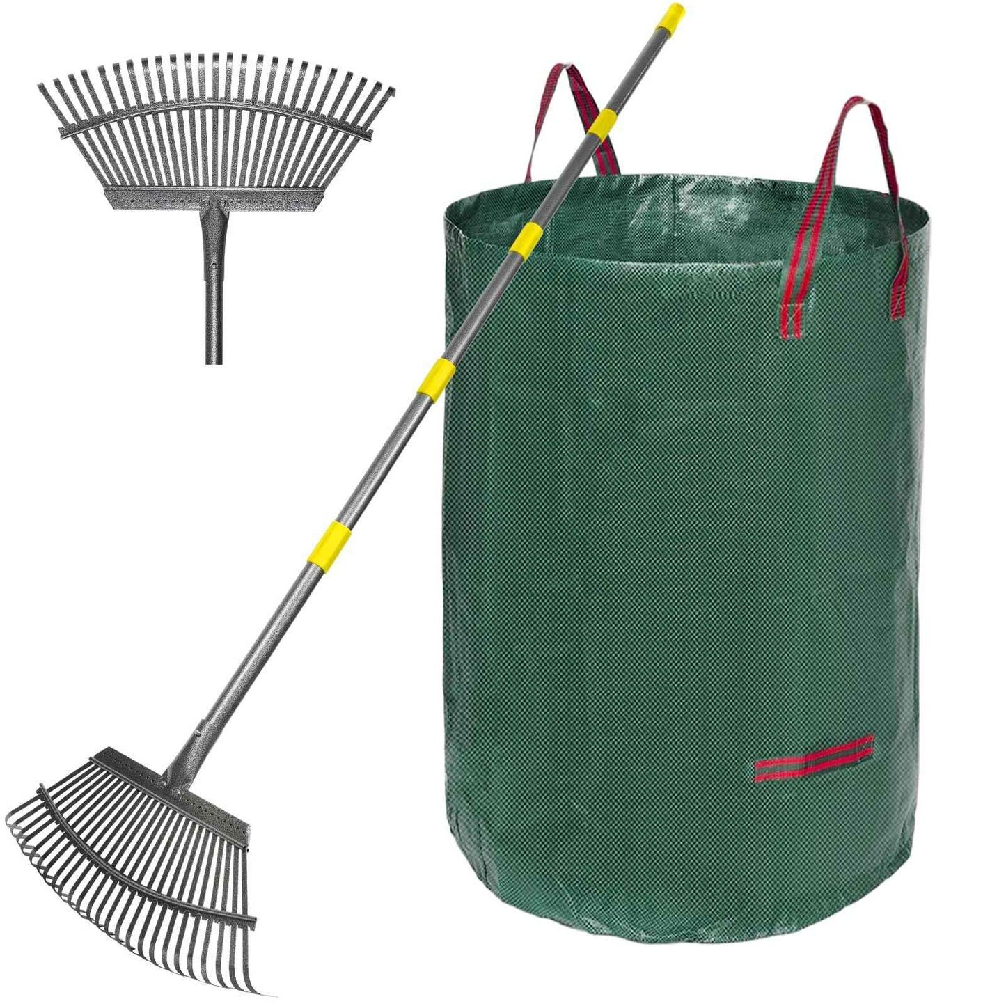 Serqd Adjustable Garden Rake for Leaves 36-73" Long Handle, 18" Wide, Heavy Duty with 25 Metal Tines ，Includes 32Gallon Leaf Bags，Designed for Lawns, Grass, Shrubs ，Flower Beds