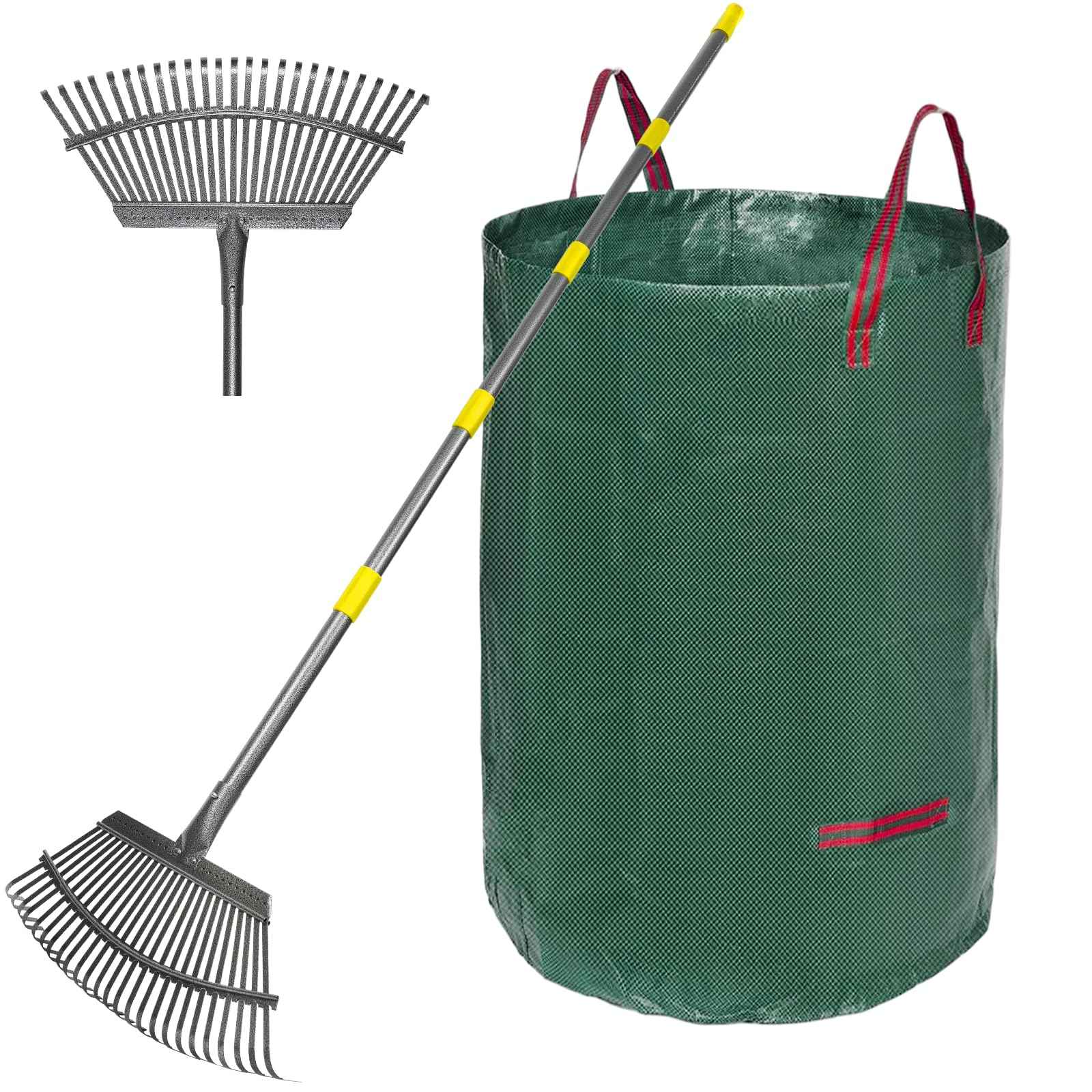 Serqd Adjustable Garden Rake for Leaves 36-73" Long Handle, 18" Wide, Heavy Duty with 25 Metal Tines ，Includes 32Gallon Leaf Bags，Designed for Lawns, Grass, Shrubs ，Flower Beds