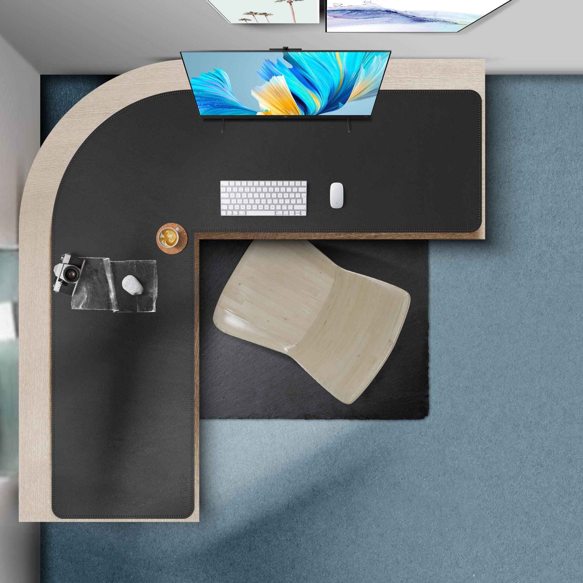 Mydours 53"x53"x16" L Shaped Office Mat, Full Desk Mouse Pad for Large L Shaped Gaming Desk Cover, Dual-Sided PU Leather Pad, Corner Mat for Home & Executive Office Desks, Black