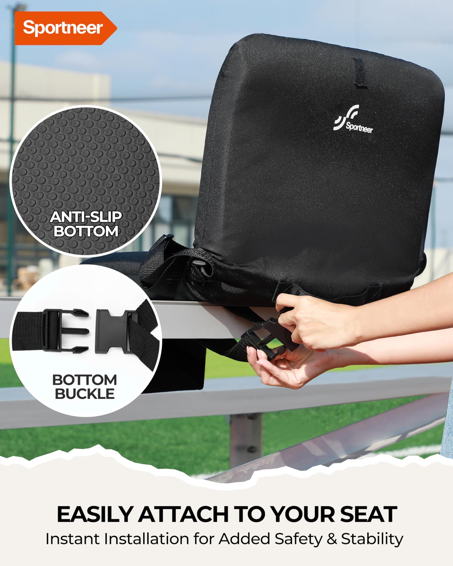 Sportneer Stadium Seats with Back Support: 6 Reclining Positions Bleacher Seat with Carry Handle & Storage Pocket - Folding Bleacher Chairs with Back and Cushion for Sports Outdoors Events, Black