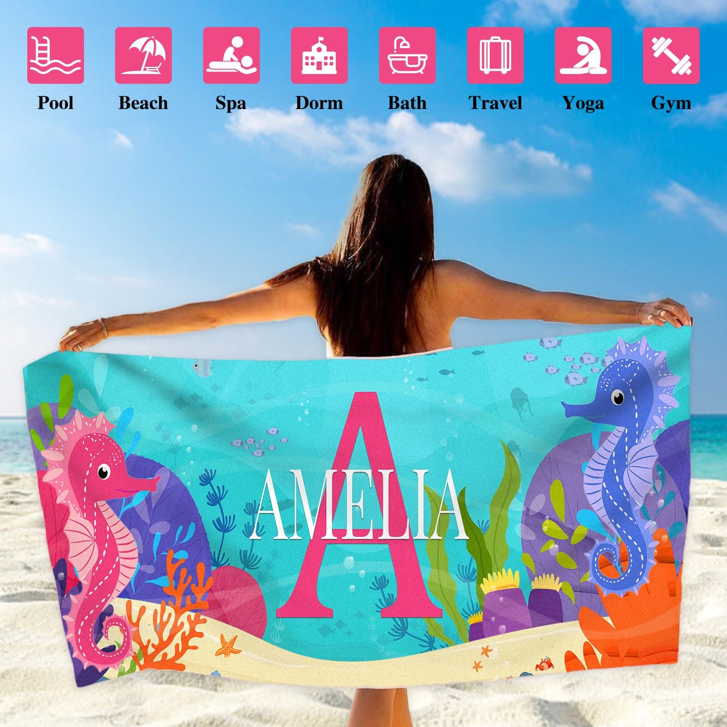 WNNNS Personalized Beach Towels for Kids, Kids Beach Towel with Name for Boys Girls Oversized Quick Dry Sand Free Soft Cotton/Poly Blend Bath Pool Swim Towel for Vacation Customized Summer Travel Gift