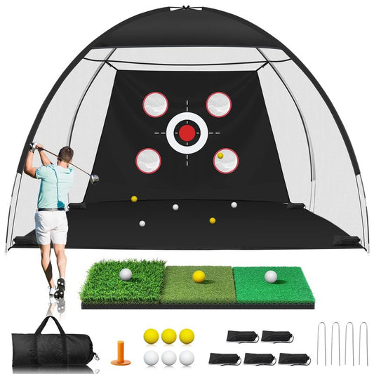 Golf Net, 10x7FT Golf Practice Net with Tri-Turf Mat for Outdoor Indoor, All-in-One Hitting Aid for Backyard Training Driving Chipping Swing, Gifts for Men/Him/Dad/Golfer