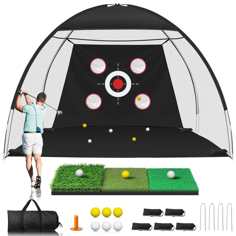 Golf Net, 10x7FT Golf Practice Net with Tri-Turf Mat for Outdoor Indoor, All-in-One Golf Hitting Aid Nets for Backyard Training Driving Chipping Swing, Gifts for Men/Him/Dad/Golfer