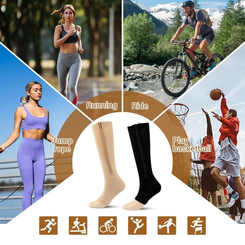4 Pairs Zipper Compression Socks Women & Men, 15-20 Mmhg Compression Socks with Zipper, Medical Compression Socks with Zipper, Toeless Lining for Varicose Veins, Edema, Recover (Black/Beige Open Toe, Large-X-Large)