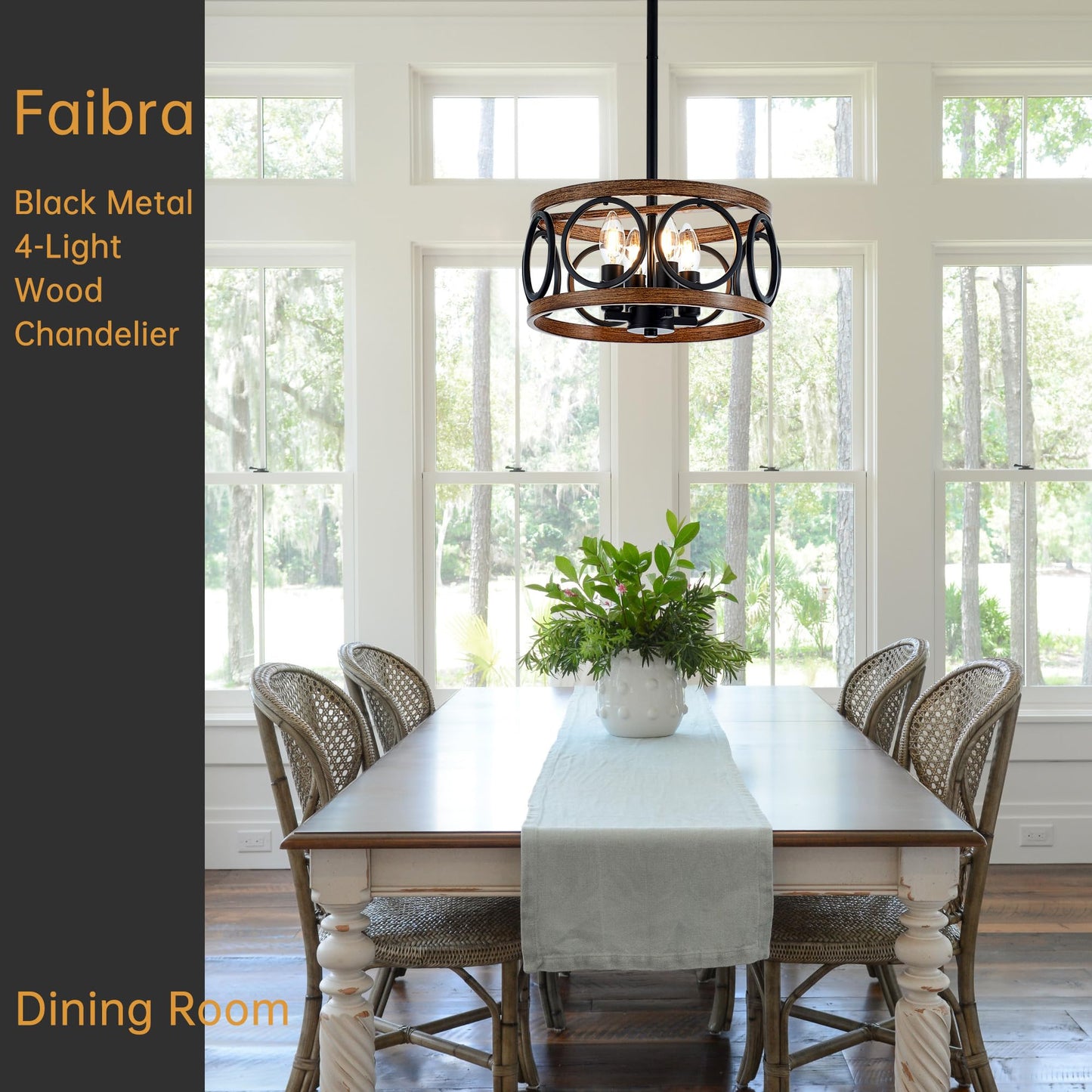 Faibra 4-Light Farmhouse Drum Pendant Light,12.6'' Nature Wood Texture Vintage Rustic Chandeliers Black Metal Industrial Hanging Light Fixtures for Entryway, Bedroom Dining Room