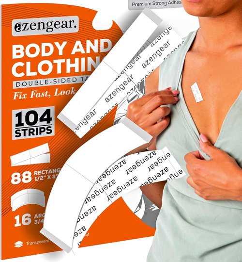 aZengear Double-Sided Body Tape - Strong Adhesion for Clothes, Hijab & Dress | 104 Strip Pack, Clear & Transparent