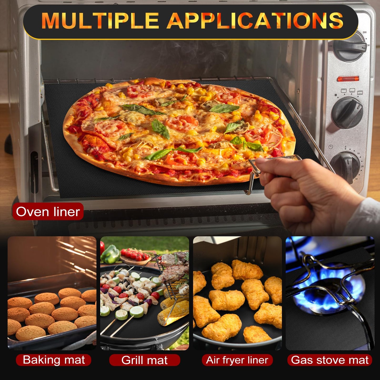 Large Oven Liners for Bottom of Oven, 17"x75" Heavy Duty Non-Stick Oven Liner Mat, Reusable Heat Resistant Grill & Baking Mat, BPA/PFOA Free Roaster Liners, Fits Electric, Gas, Toaster Ovens (Black)