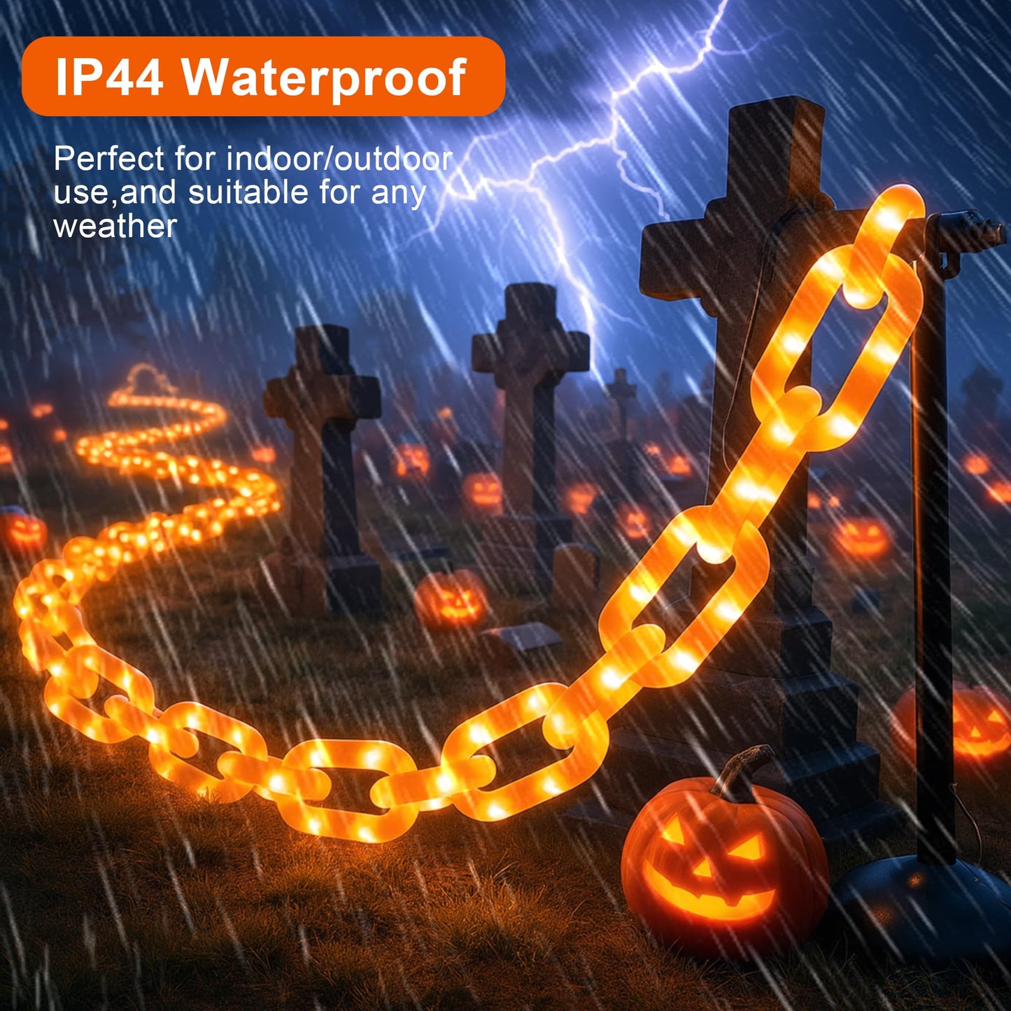 woohaha Halloween Decorations Battery/USB Plastic Chain Lights，10.5FT 175LED Orange Props Chains String Lights,8 Modes and Timer for Outdoor Halloween Party Creepy Cosplay Spooky Ornaments