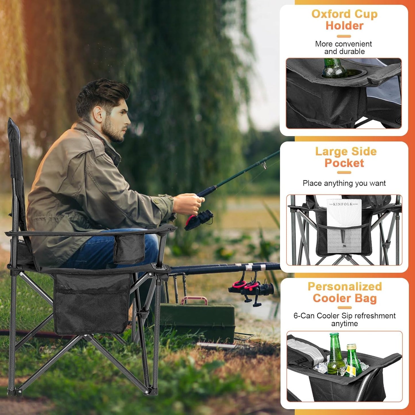 Romswi Oversized Camping Chairs - Heavy Duty 500 LBS Support | Padded Back & Armrest, Black, 2-Pack