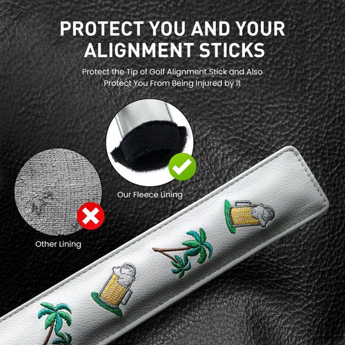 FINGER TEN Golf Alignment Stick Headcover Rods Cover Holder Case Leather 14''× 2'' in USA Black White Green Hold at Least 2 Sticks (Palm Tree Beer)