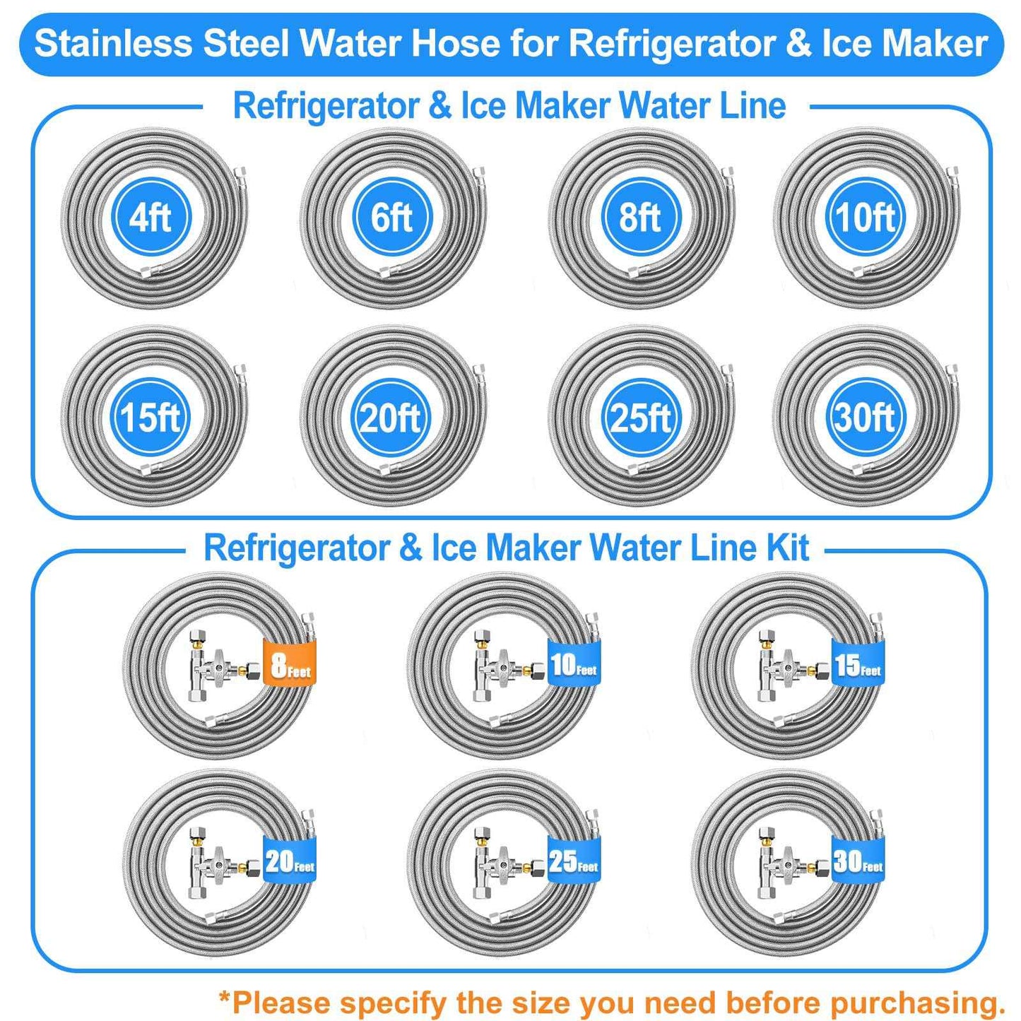 Refrigerator Water Line Kit - 8FT Stainless Steel Braided Ice Maker Water Line with Tee Stop Valve,Foodgrade PEX Inner Hose Fridge Water Line with 1/4" Comp Fitting and Tee Valve