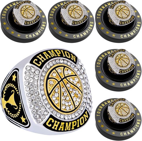 Championship Rings | 12 Pcs Basketball Trophy Set with Display Chains & Stands for League Winners