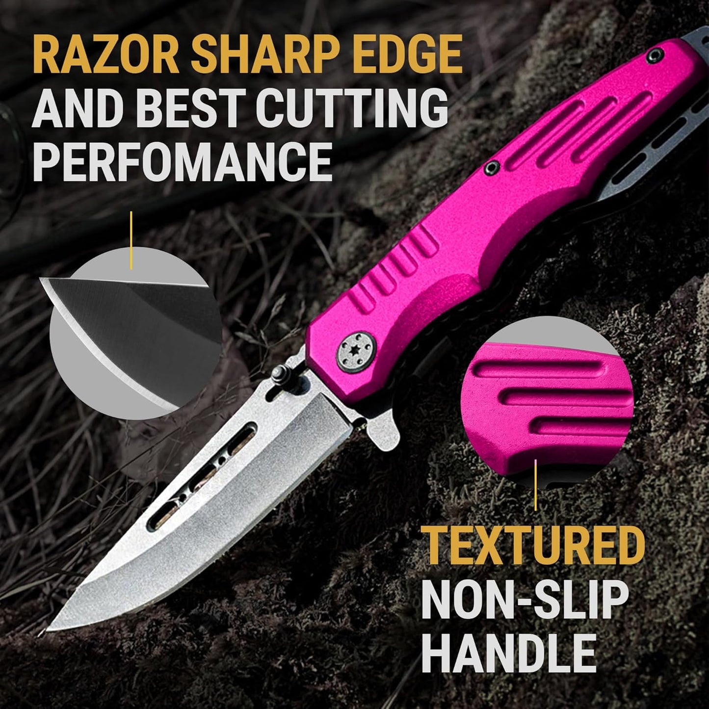 Skiennix Safety Lock Pocket Knife - Cute Spring Assisted Folding Knife in Hot Pink | Ideal Self-Defense Tool for Women