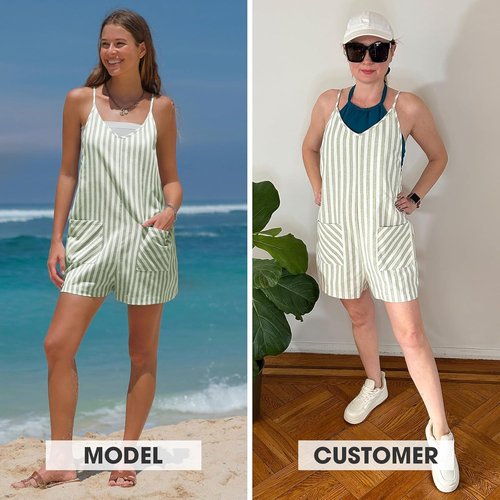 EXLURA Women's Casual Sleeveless Romper Dress - Loose Cotton Striped Jumpsuit for Summer Beach Outfits