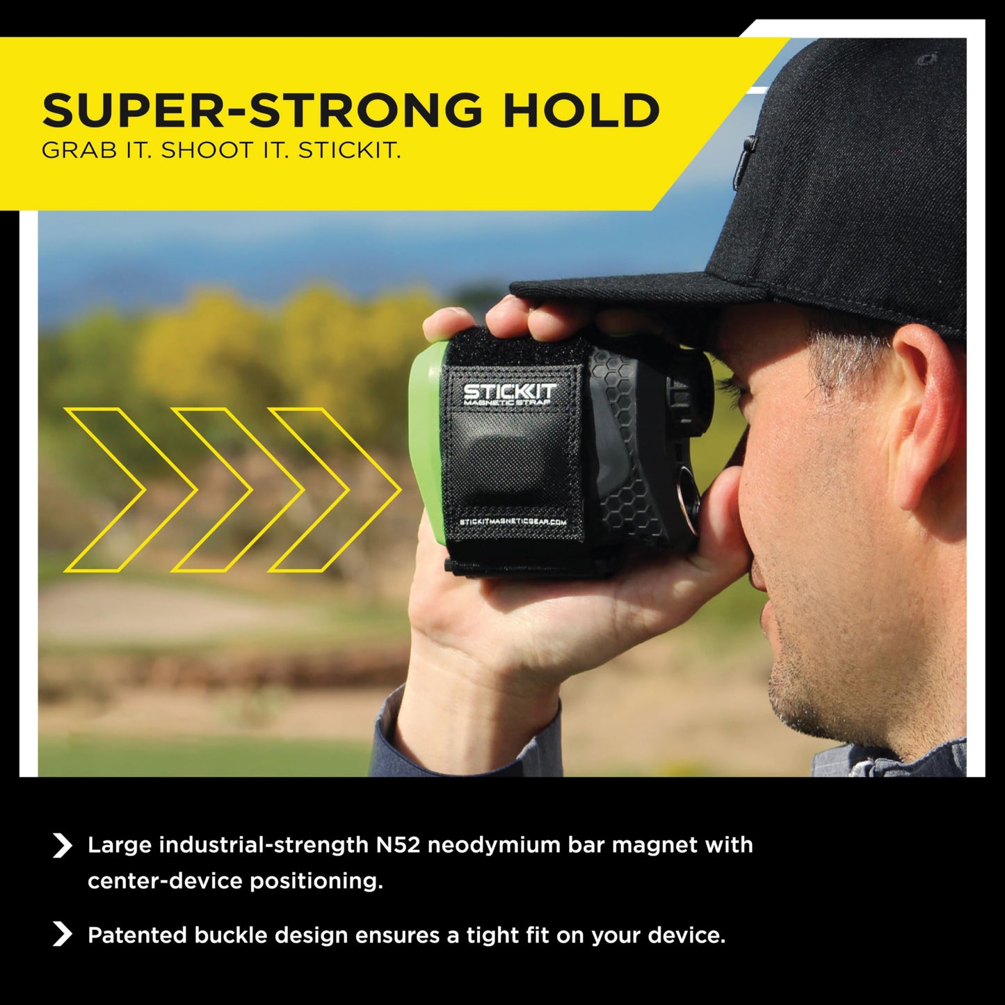 STICKIT Magnetic Rangefinder Strap | Strong Magnet Securely Holds to Golf Carts and Golf Clubs for Easy Access | Slim, Form Fitting, Size Adjustable