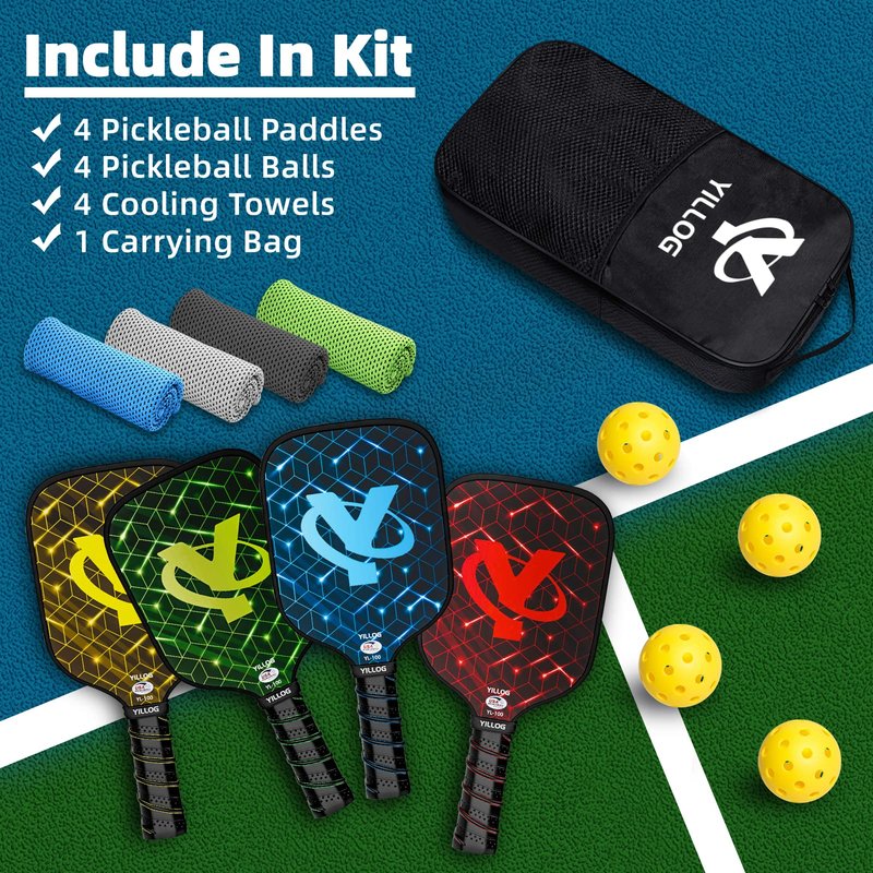 YILLOG Pickleball Paddles,USAPA Approved Pickleball Paddle Set 4,Fiberglass Surface Pickleball Set,4 Pickleball Balls,4 Cooling Towels,Bag,Pickle Ball Paddle Men Women Red/Blue/Green/Yellow