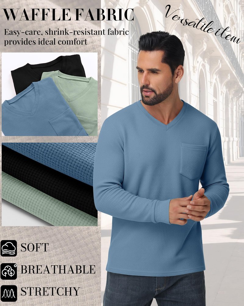 Neer 3 Pack Mens Big and Tall Waffle Shirts Long Sleeve V Neck Pullover Underwear Tops Basic Undershirts with Pocket(Black, Haze Blue, Gray Green,3X-Large)