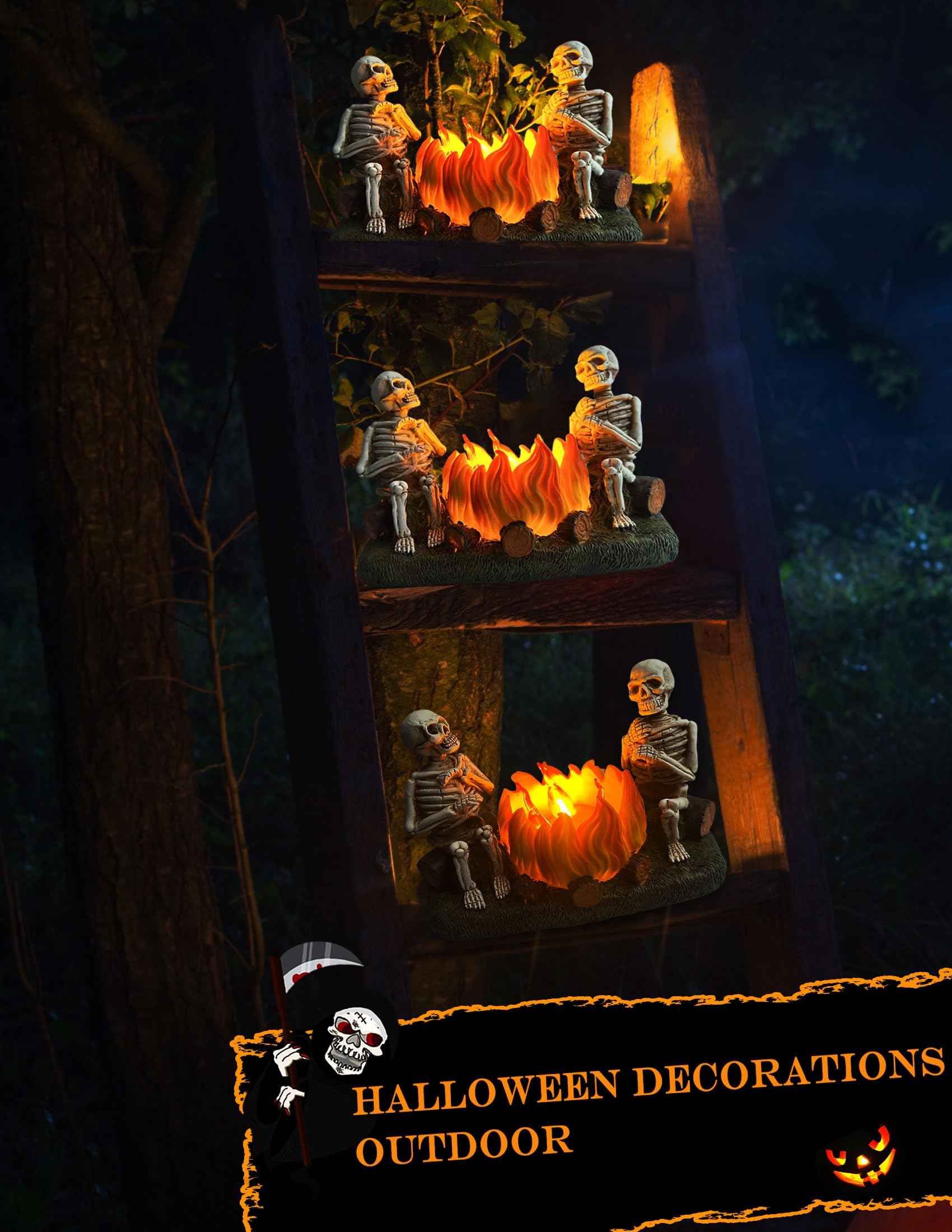 Htscudtg Halloween Skeleton with Pumpkin Campfire Nightlight, Flickering 3D Flameless Lights Halloween Indoor Decor, Light Up Jack O Lantern, Scary Skull Statue Lamp for Table Mantel