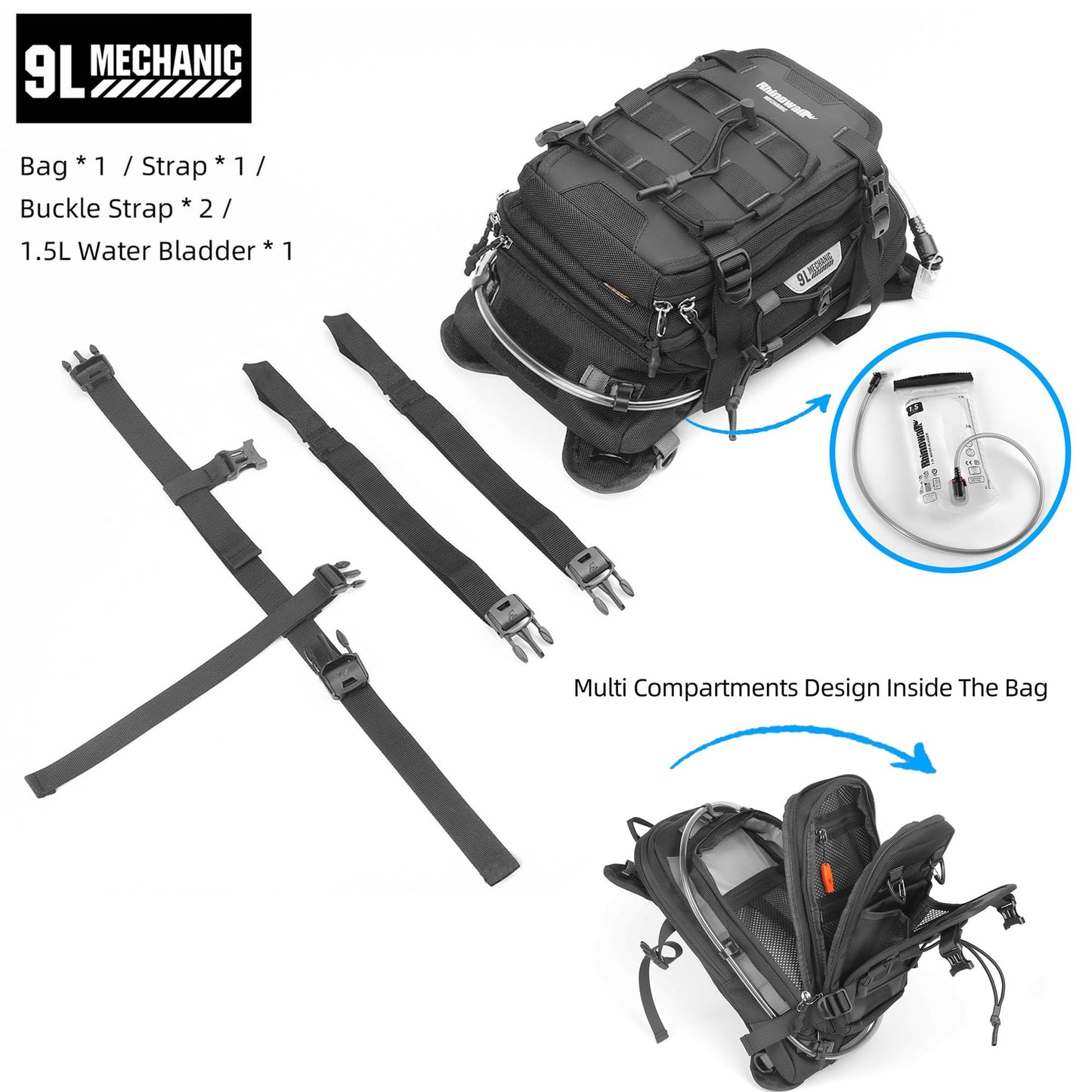 abamita Motorcycle Tank Bag Backpack Rhinowalk tank bag Separate Water Bag with Waterproof Cover and Molle System for most Adventure and Sport Motorcycle Frames Black