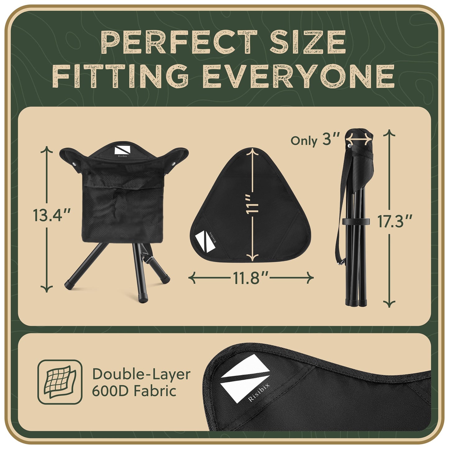 RISIBIX Foldable Tripod 13.4'' Stool - for Kids and Youth - Ultra Portable Seat, Best for Youth+Pocket - 1 lb Camping Stool, 3 Legged Strong Steel Stool, Height: 13.4 inches (Black)