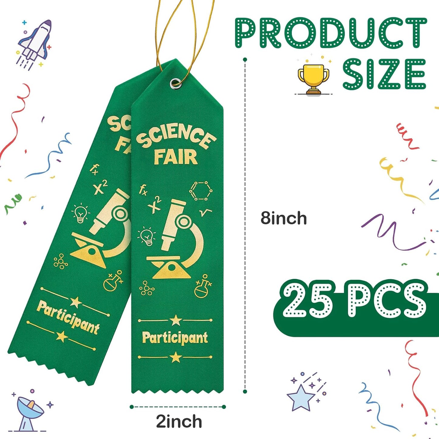 Taiyin 25 Pcs Science Fair Award Ribbons - Green Participation Prizes with Event Cards