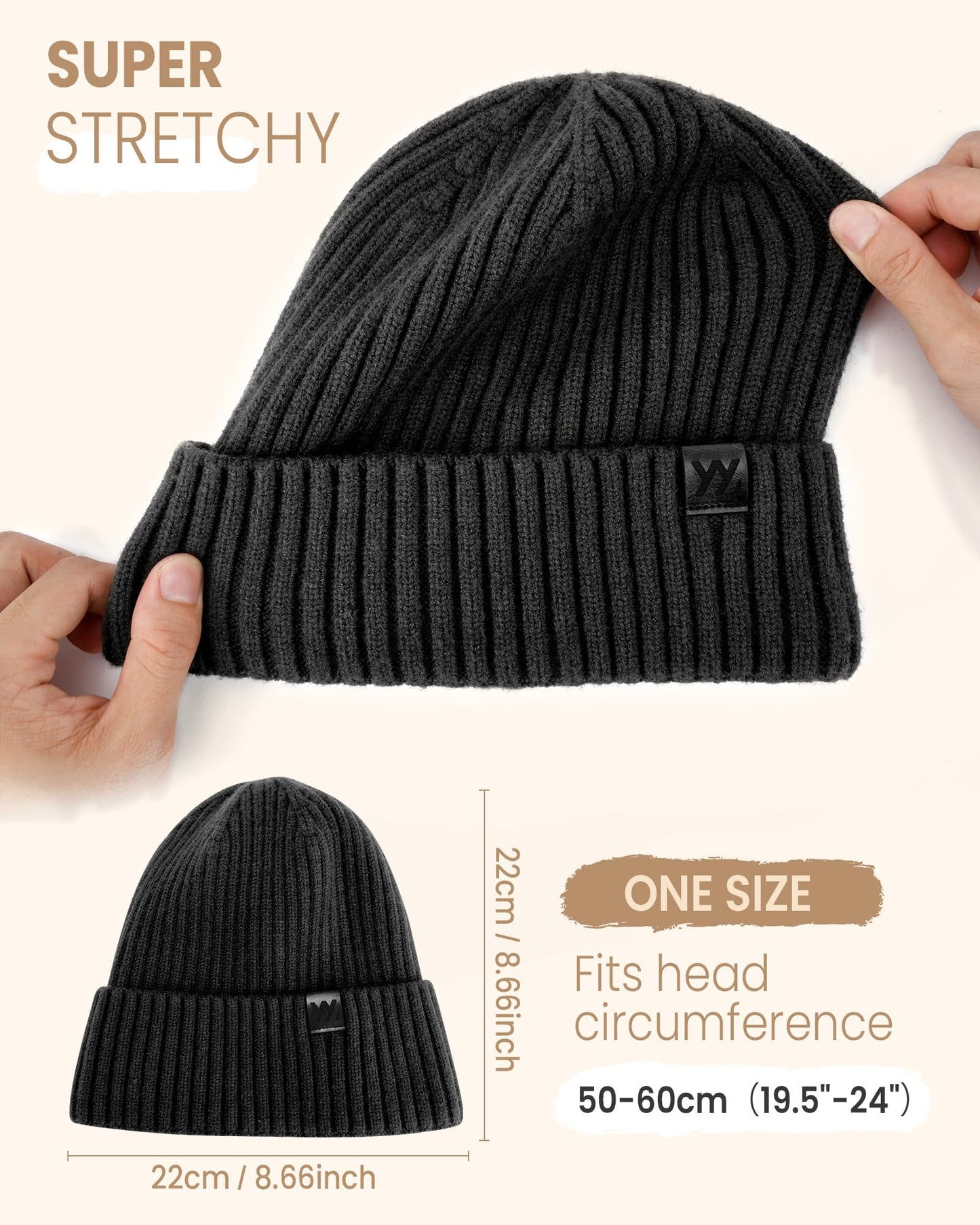 YANIKY Winter Beanie Hat for Men & Women, Fleece Lined Thermal Knit Hat Ski Beanie Skull Cap Cuffed Cap for Cold Weather Black