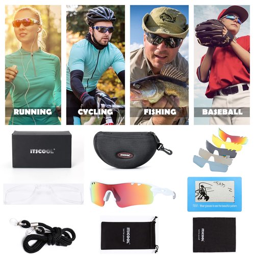 ITSCOOL Polarized Sports Sunglasses with 5 Interchangeable Lenses for Men Women Softball Baseball Running Cycling Glasses White Orange