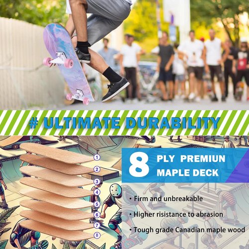 Skateboard,31 x 8 inch Complete Skateboards for Beginners,8 Layer Maple Concave Cruiser Trick Skate Board for Teens and Adults (Pink-JG)