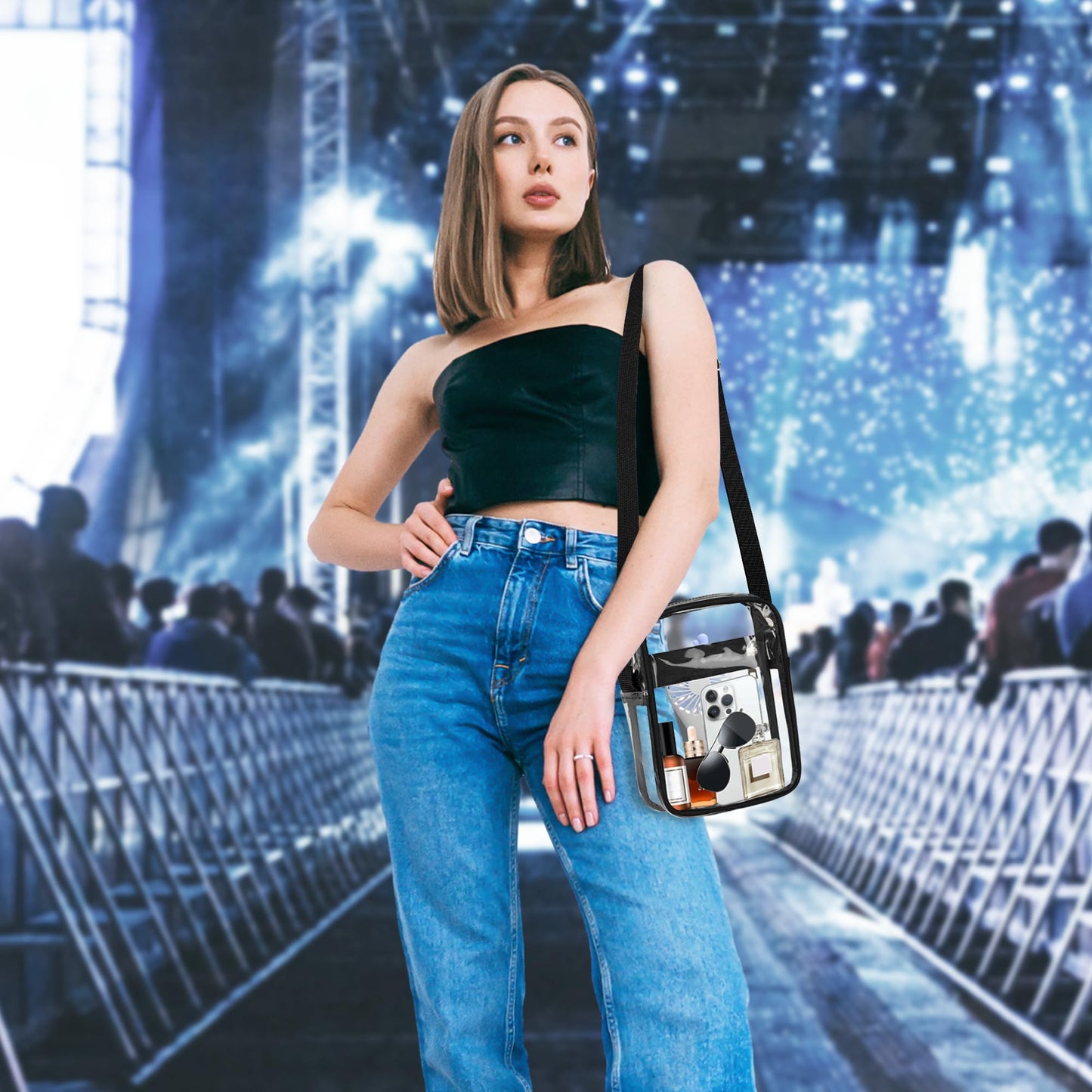VOROLO Clear Crossbody Bag Stadium Approved See Through Purse Handbag,Small See Through Purse Handbag with Adjustable Shoulder Strap for Sports Black