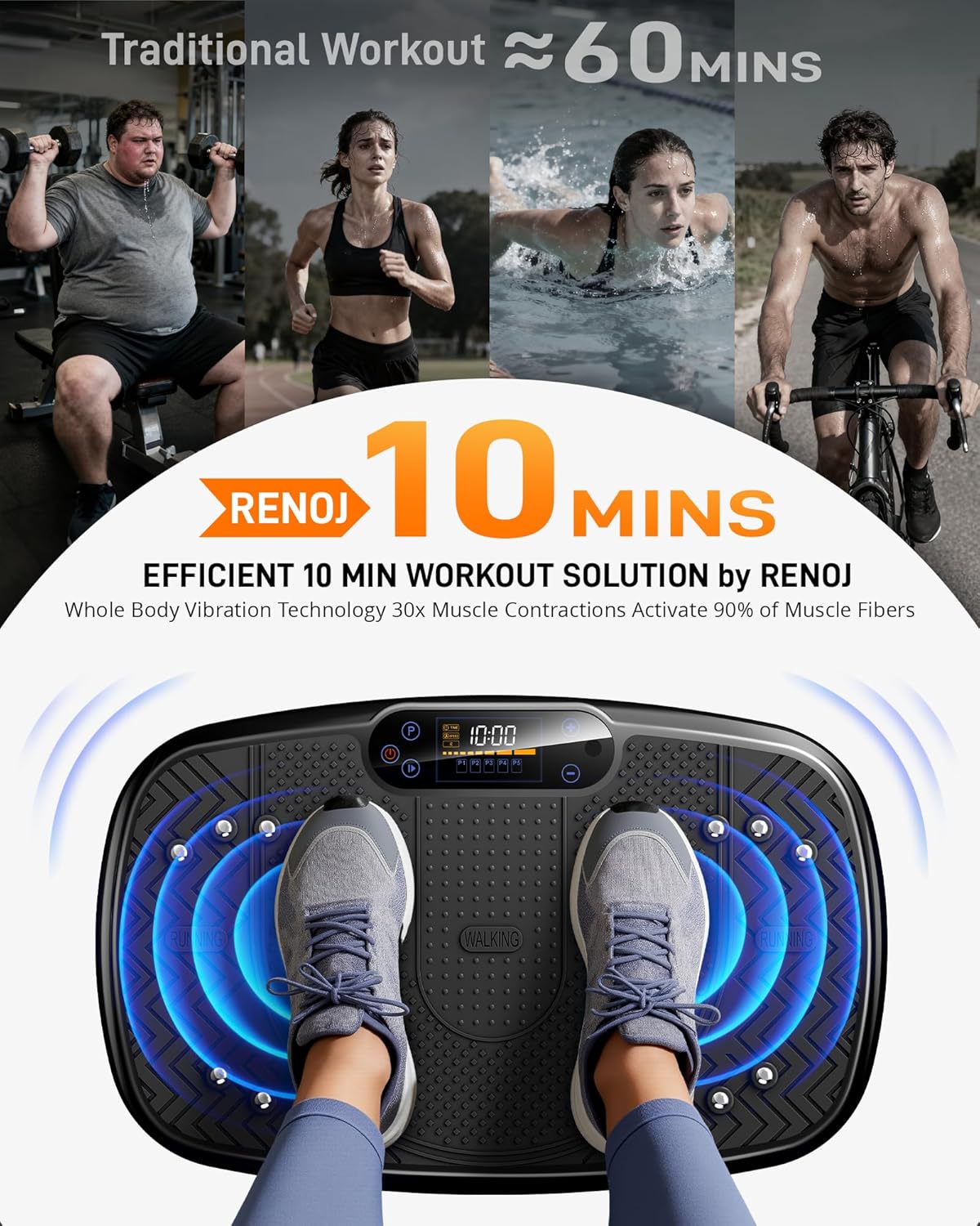 Renoj Vibration Plate - Full Body Workout Machine for Weight Loss | LED Display, Speaker & 2 Bands - Black