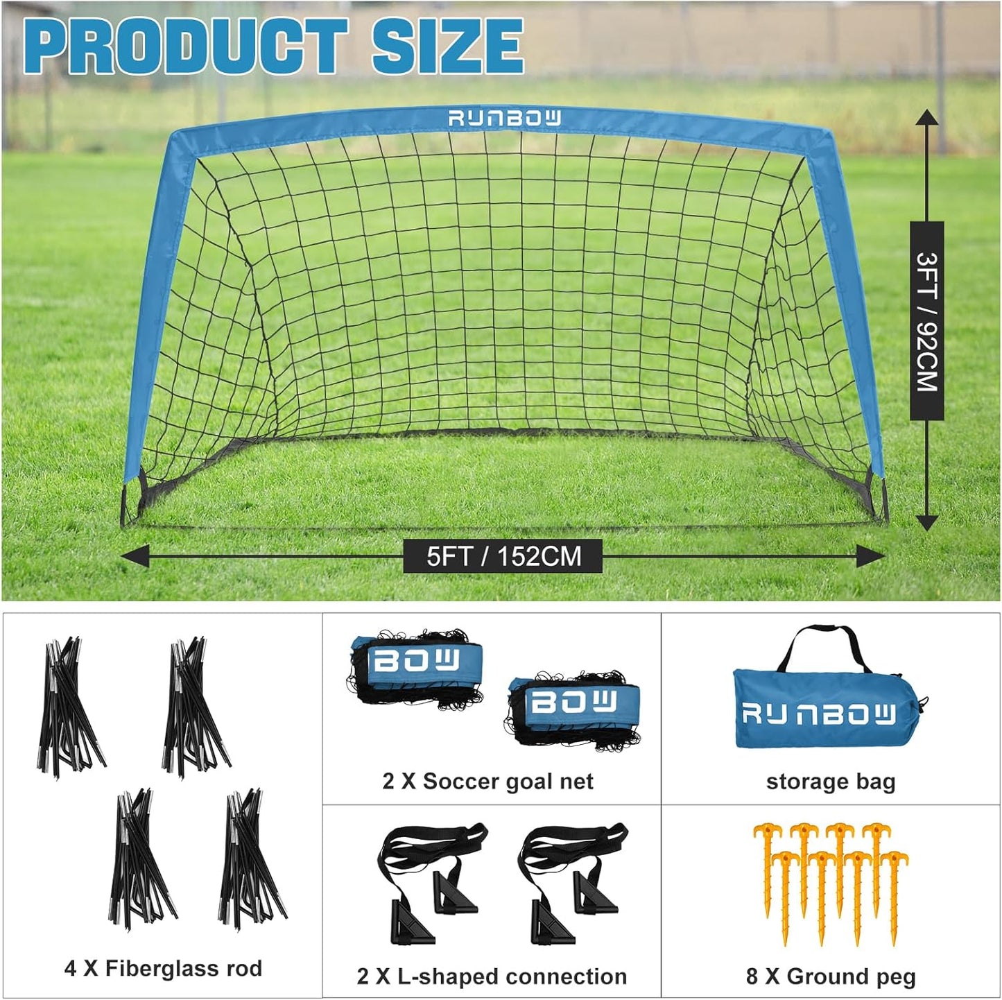 RUNBOW 5x3 FT Portable Kids Soccer Goal - Folding Soccer Net with Carry Bag for Indoor/Outdoor Training
