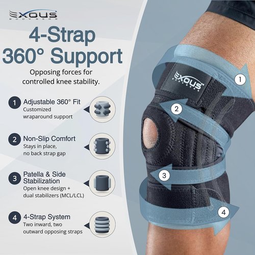 Exous Bodygear Knee Brace - Meniscus Tear Support for Arthritis & ACL Pain | Patented Adjustable Wraparound Strap, Medium Size