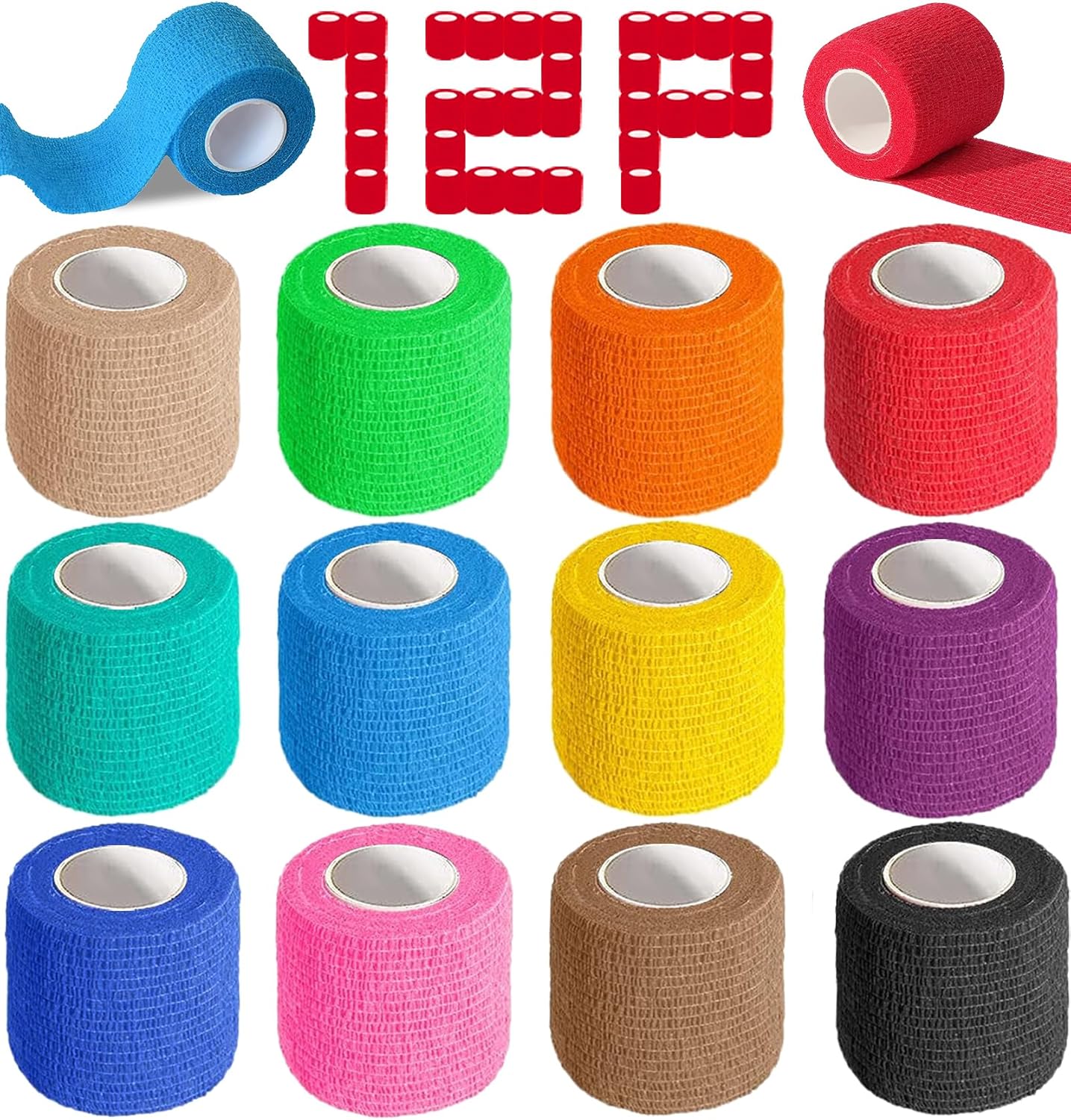 YesBes Self-Adhesive Bandage Wrap - 12 Pack, 2" x 5 Yards, Elastic Cohesive Ankle Tape