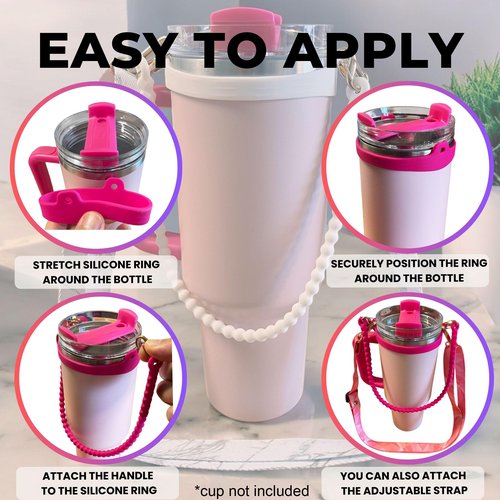 Water Bottle Tumbler Stanley Cup Strap and Handle Carrying Accessories Pink Prism Strap with Pink Silicone Handle – fits Universal 8 – 30/40 oz Bottle Sizes