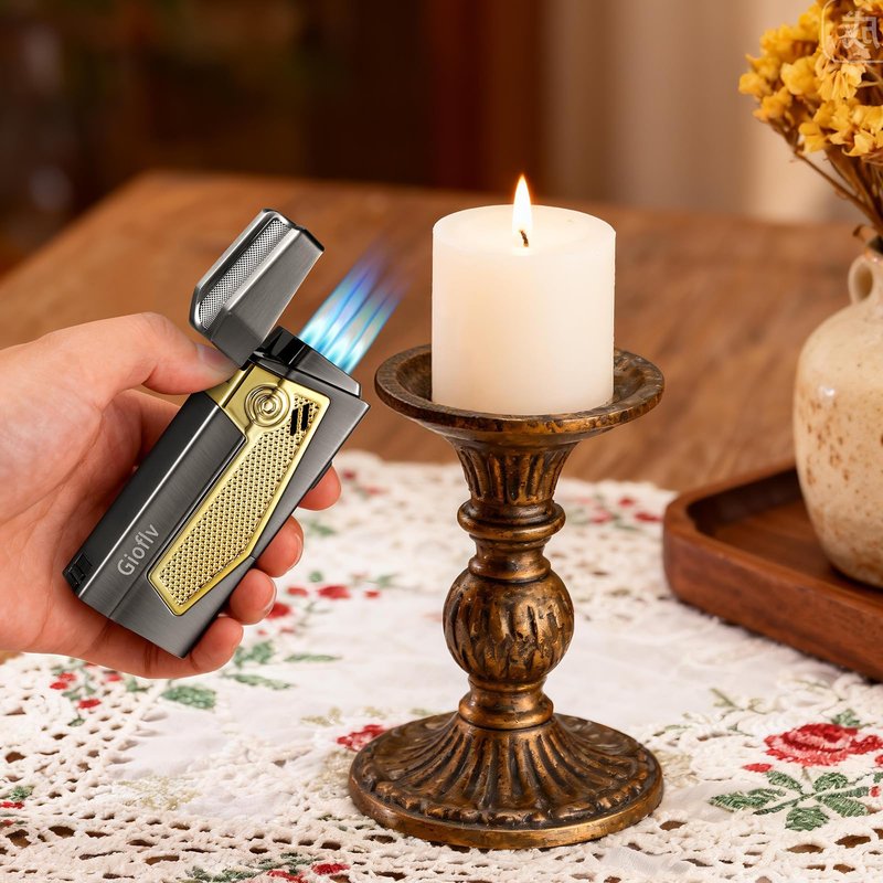 Gioflv Torch Lighter, Windproof Butane Lighter for Outdoor, Bonfire, Candle, Fireplace, Black and Gold, Multi-Purpose （Without Butane）