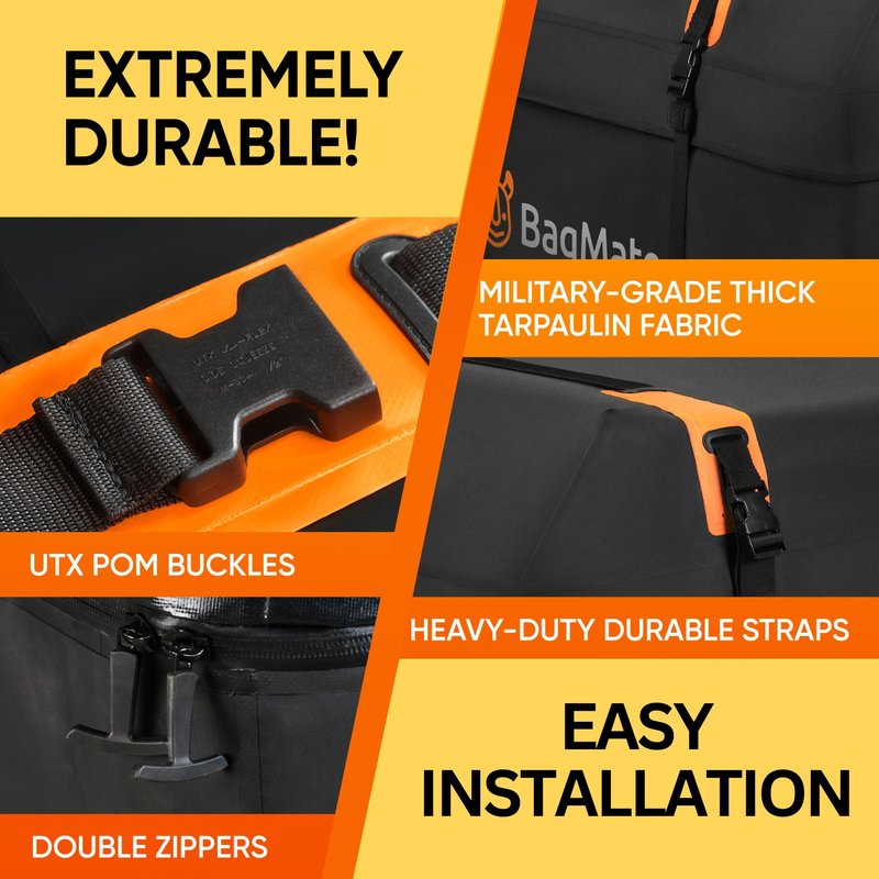 BAGMATE Car Roof Bag - Car Rooftop Cargo Carrier Bag – 19 Cubic Ft Waterproof Roof Rack Cargo Carrier, Includes Anti-Slip Mat, 4 Door Hooks, Reinforced Zipper/Buckle, with or Without Rack