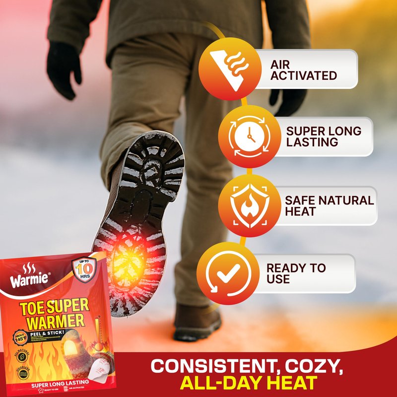 Warmie Super Toe Warmers with Adhesive Backing | Air‑Activated, Long‑Lasting | All‑Natural, Odorless, Steady Heating for Cold Weather | Safe, Instant Warmth for Shoes & Boots | 10 Pairs (20 Units)