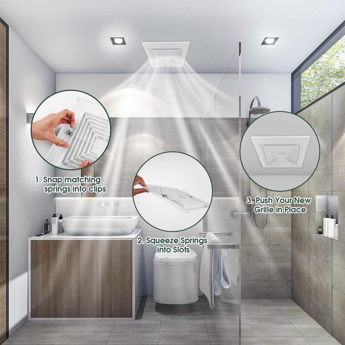 White 1 Piece (9 “x 9 ”Inch) Bathroom Exhaust Fan Cover with Spring, Square Ceiling or Wall Mounted Exhaust Fan, Ceiling Fan, Grille, Air Diffuser, Diverter Ventilation Hood, Replacement Accessories