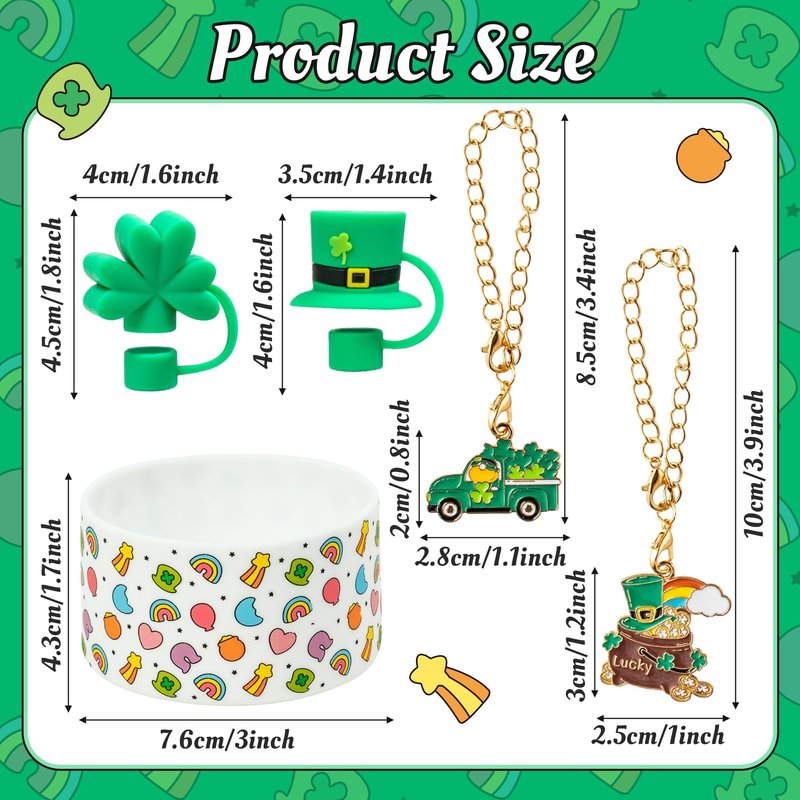 QIMGIC St. Patrick's Day Cup Accessories - 6pcs Shamrock Silicone Boot with Straw Cover Clover Handle Charm Compatible with 30 oz 40 oz Tumblers, Green Decor Gifts for Girls Women Irish Day Party